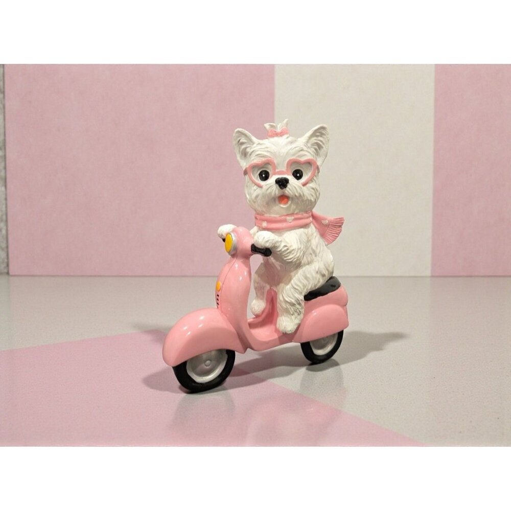 New Pink Resin Valentines Day Puppy White Terrier Dog Driving Scooter Figure